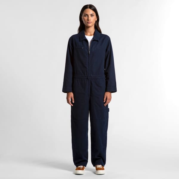 A navy blue canvas coverall with long sleeves and a zip front. It features a pocket and a branding logo.