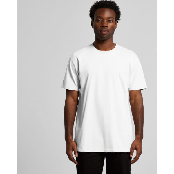 A plain white t-shirt with short sleeves, featuring a branding logo. Suitable for casual wear.