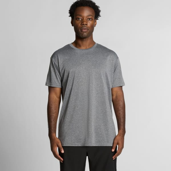 A grey active t-shirt with a relaxed fit, featuring short sleeves and a logo on the chest.