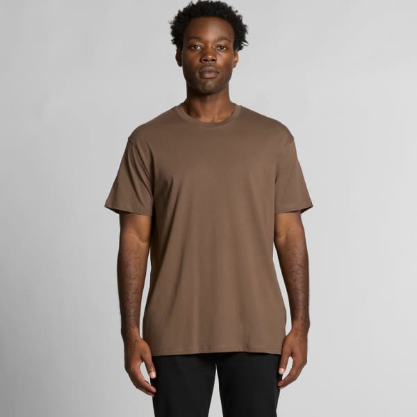 A brown organic T-shirt with a crew neckline and short sleeves, featuring a brand logo.