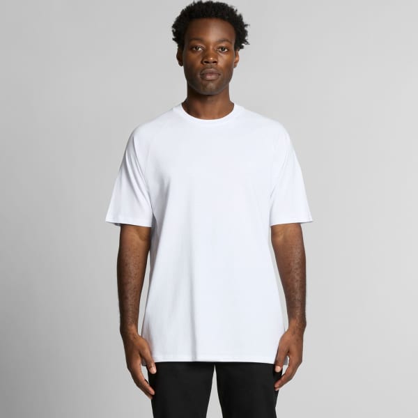 A white raglan tee with short sleeves, featuring a relaxed fit and a logo.