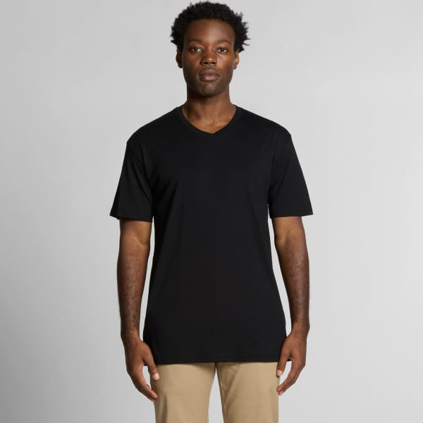 A black v-neck t-shirt displayed on a model against a plain background. The shirt has a subtle logo.