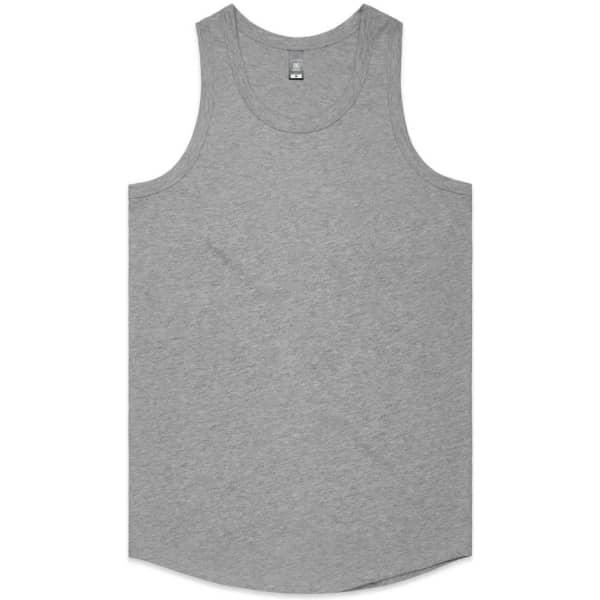A grey singlet with a rounded hem and a label inside. It features a logo on the back.
