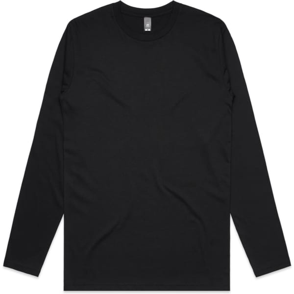 A black long-sleeve t-shirt featuring a round neckline and a logo on the label.