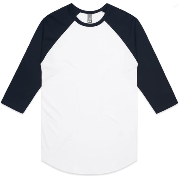 A raglan tee featuring a white body and navy blue sleeves, with a logo on the neckline.