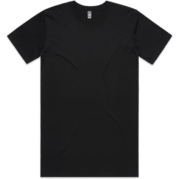 A black T-shirt with short sleeves and a crew neckline, featuring a logo on the label.