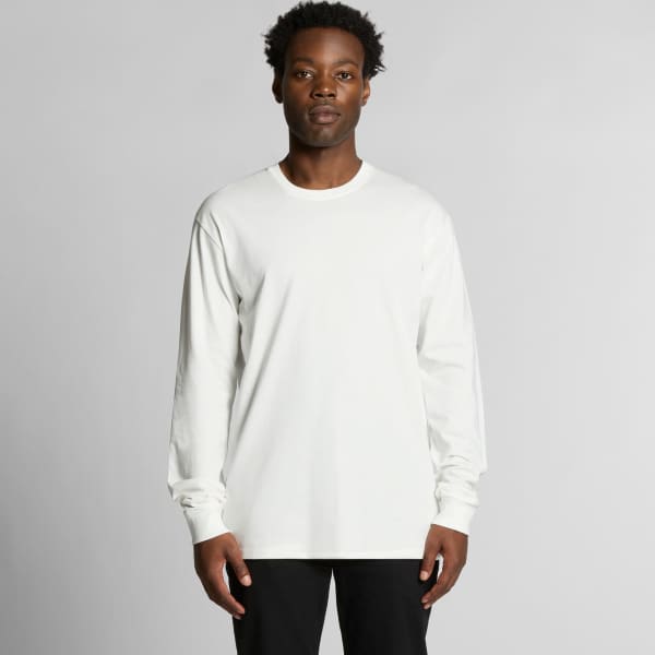 A long-sleeve organic T-shirt in white, featuring a simple design and a logo.