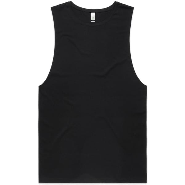 A black organic tank top with a sleeveless design and a logo at the neckline.