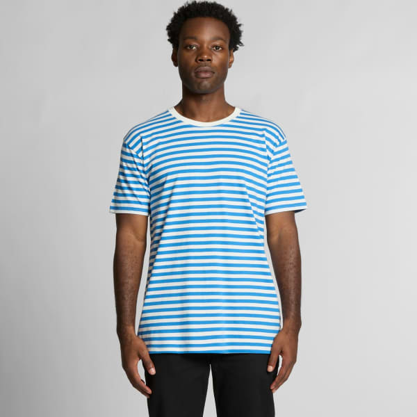 A striped t-shirt in blue and white with short sleeves and a crew neckline, featuring a logo on the front.