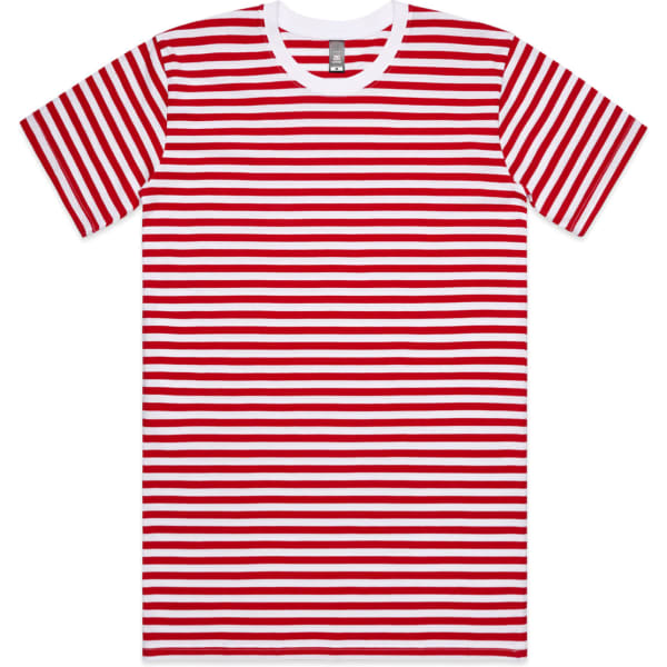 A red and white striped t-shirt with a round neckline and short sleeves, featuring a logo.