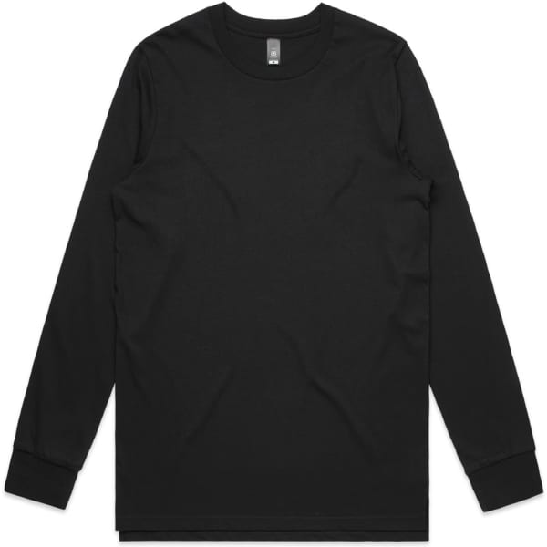 A long-sleeve black T-shirt with a round neck and a small logo on the label.