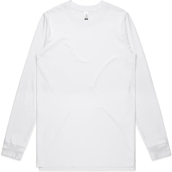 A long-sleeve white organic t-shirt with a round neckline and a logo.