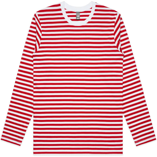 A red and white striped long-sleeve t-shirt with a round neckline and a logo.