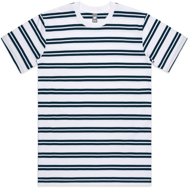 A striped t-shirt featuring horizontal blue and white stripes, with short sleeves and a crew neckline.