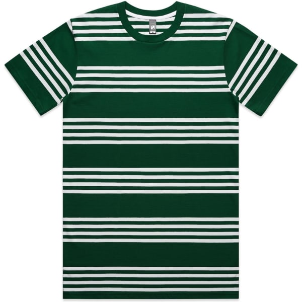 A green and white striped t-shirt featuring a logo on the label. Casual and stylish design.