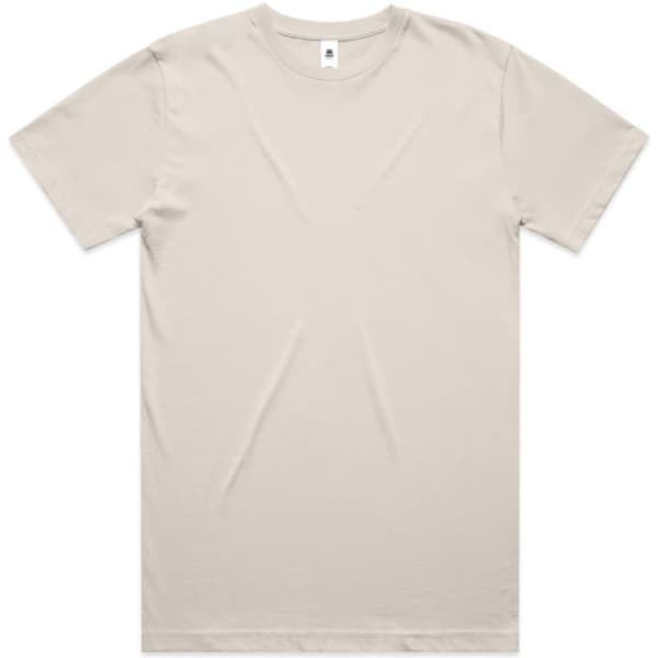 A light beige T-shirt with short sleeves and a crew neckline, featuring a branding label.