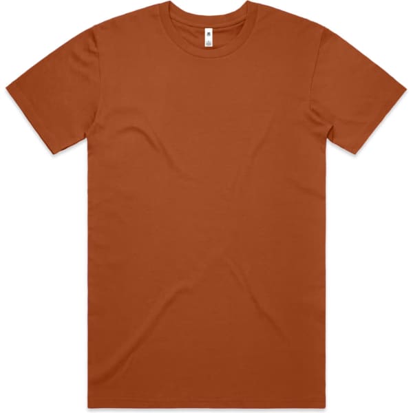 A plain rust-coloured t-shirt with a round neck and short sleeves. The shirt features a logo on the label.
