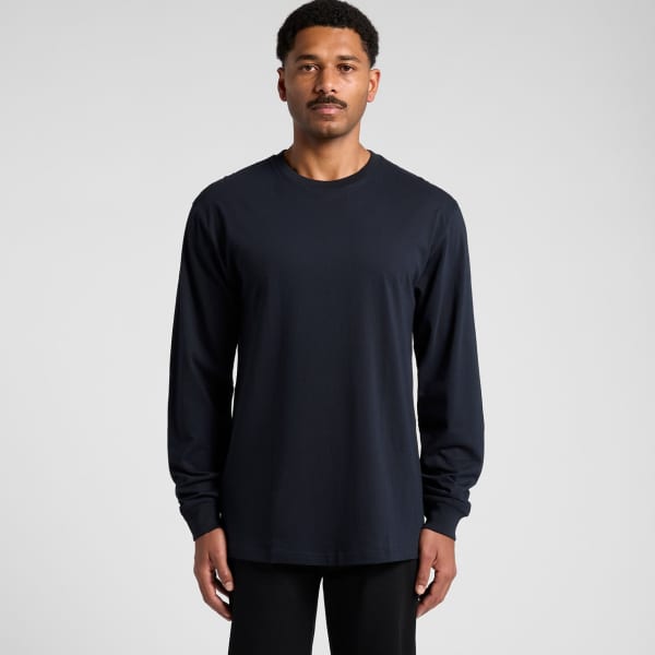 A long-sleeved T-shirt in navy blue, featuring a simple design and a logo on the chest.