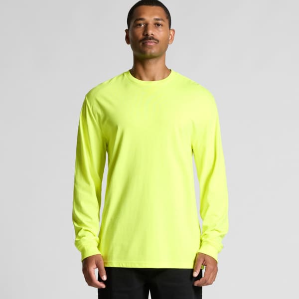 A long-sleeve tee in bright yellow, featuring a simple design and a small logo. Suitable for workwear.