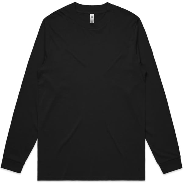 A black long-sleeve T-shirt with a crew neckline and a logo.