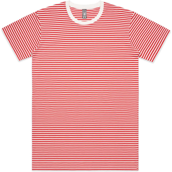 A red and white striped t-shirt with a round neckline and short sleeves. It features a branding label.