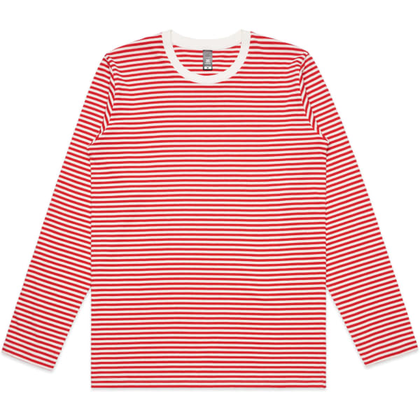 A long-sleeve T-shirt with red and white horizontal stripes and a crew neckline. It features a logo on the label.