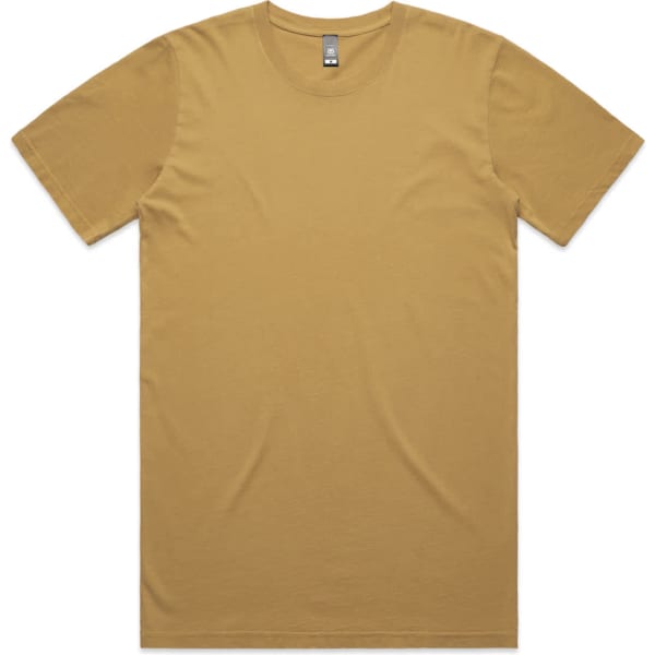A mustard-coloured T-shirt with short sleeves and a plain design. It features a logo at the neckline.