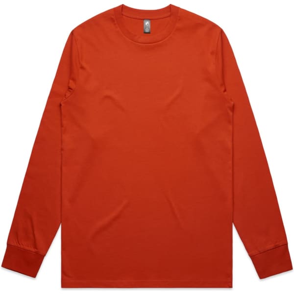 A long-sleeve tee in a solid burnt orange colour with a round neckline and cuffs. Features a logo on the label.