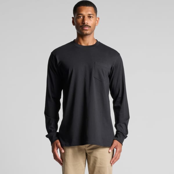 A black long-sleeve t-shirt displayed on a model, featuring a pocket and a simple design.