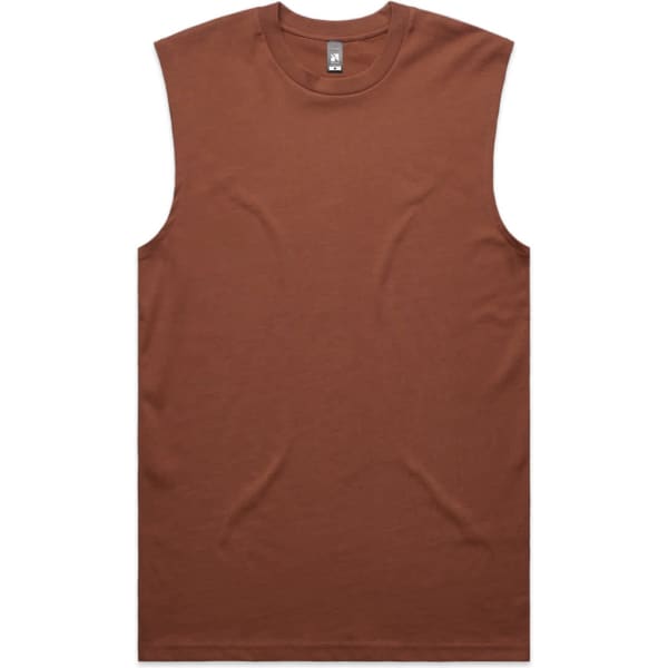 A brown sleeveless tank top with a simple design and a logo on the label.