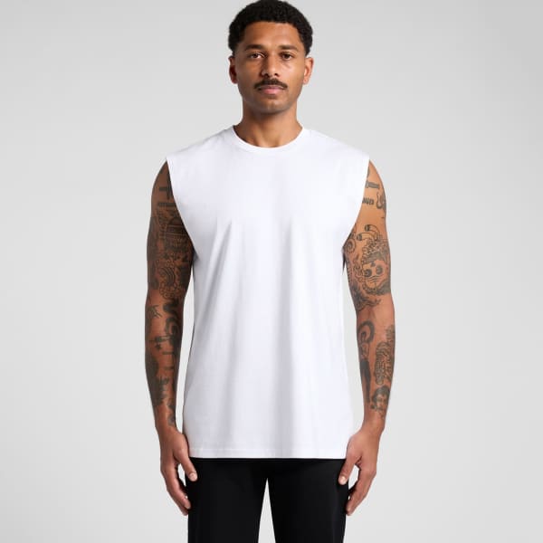 A sleeveless white tank top worn by a model with tattoos, featuring a simple design and a branding logo.