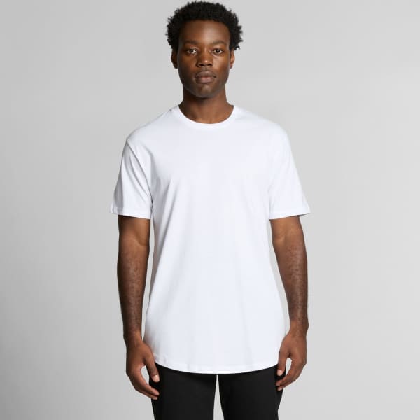 A white T-shirt featuring a relaxed fit and short sleeves, with a logo on the front.