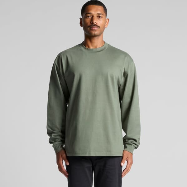 A long-sleeved tee in olive green, featuring a straight cut and a logo on the front.