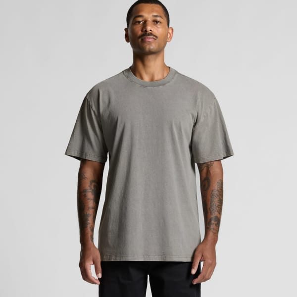 A grey heavy faded t-shirt with a relaxed fit and short sleeves, featuring a logo.
