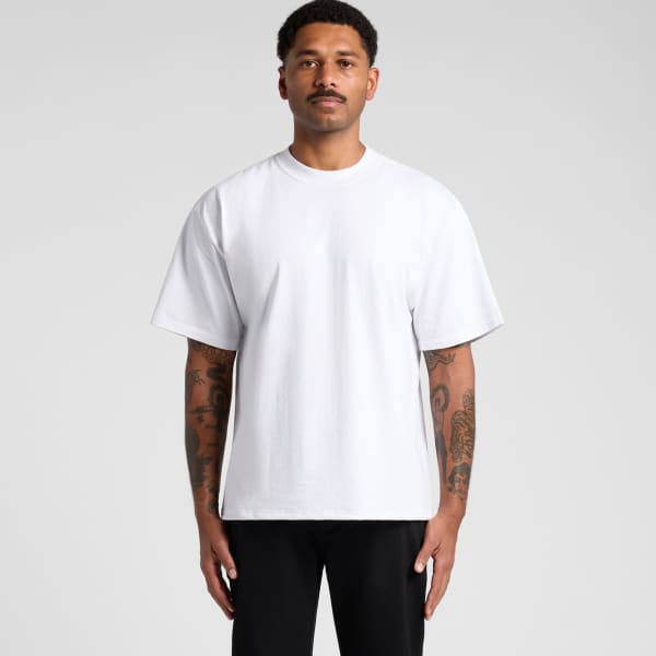 A white oversized t-shirt with short sleeves and a relaxed fit, featuring a branding logo.