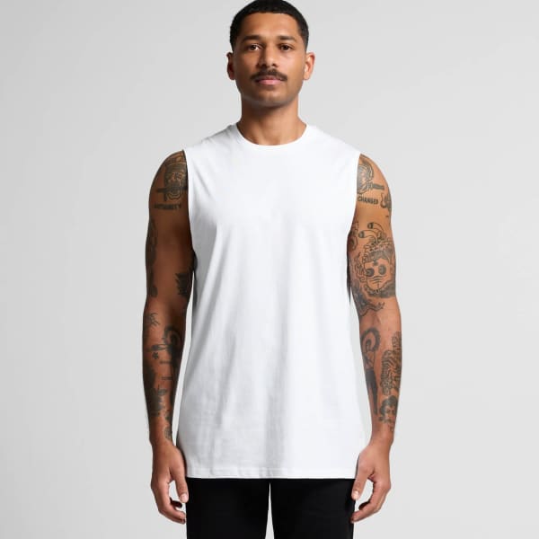 A fitted white singlet tank top displayed on a model with tattoos, featuring a logo on the front.