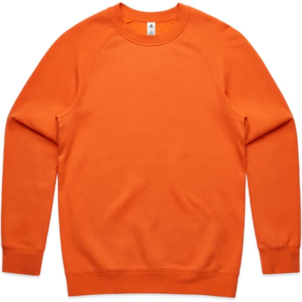 An orange jumper with a round neckline and long sleeves, featuring a logo on the inside label.