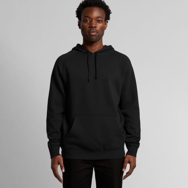 A black hoodie with a front pocket and drawstring hood. The model stands against a neutral background.