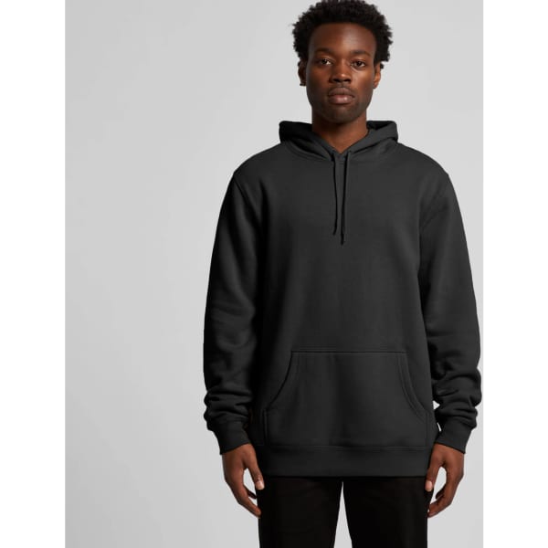 A black hoodie featuring a front pocket, drawstring hood, and a logo.