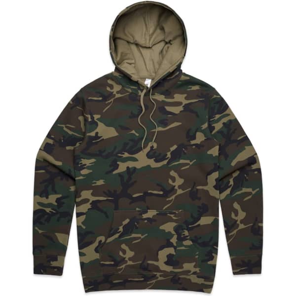 A camouflage hoodie featuring shades of green and brown, with a front pocket and a hood. It has a logo.