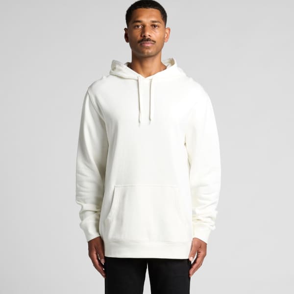 A cream-coloured hoodie with a front pocket and drawstring hood, featuring a logo on the chest.