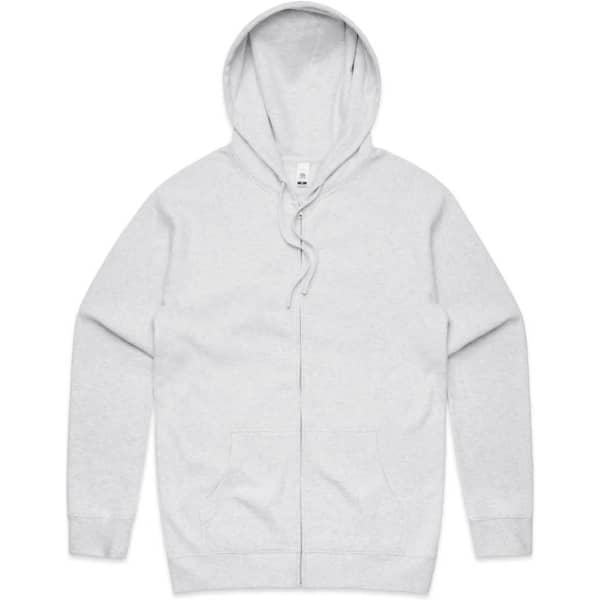 A grey zip-up hoodie with a front pocket and a hood. It features a small logo on the label.