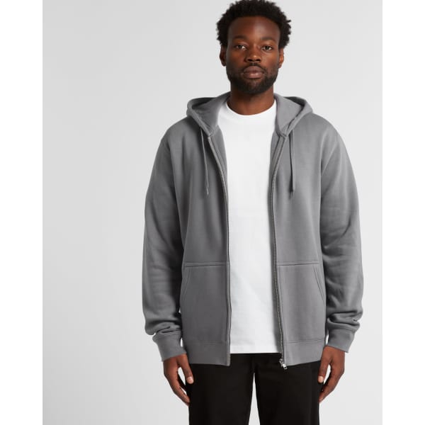 A grey zip-up hoodie with a front pocket and drawstring hood, featuring a branding logo.