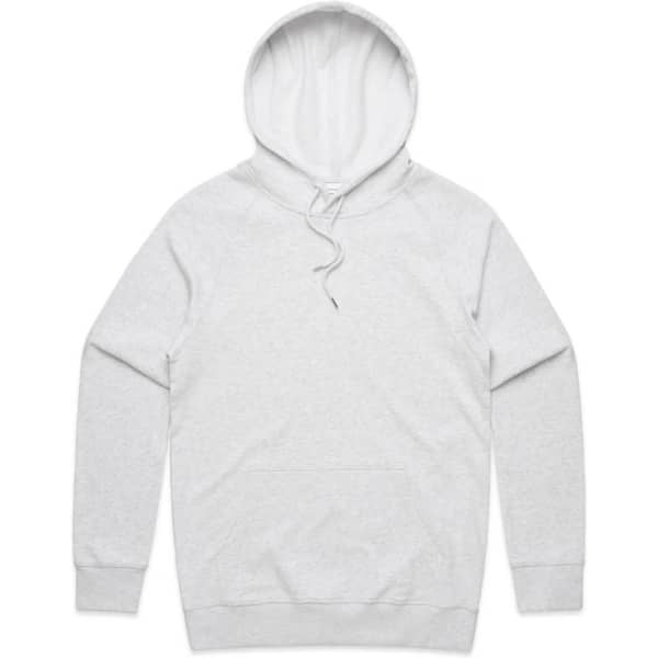 A grey hoodie featuring a front pocket and a drawstring hood, with a logo on it.