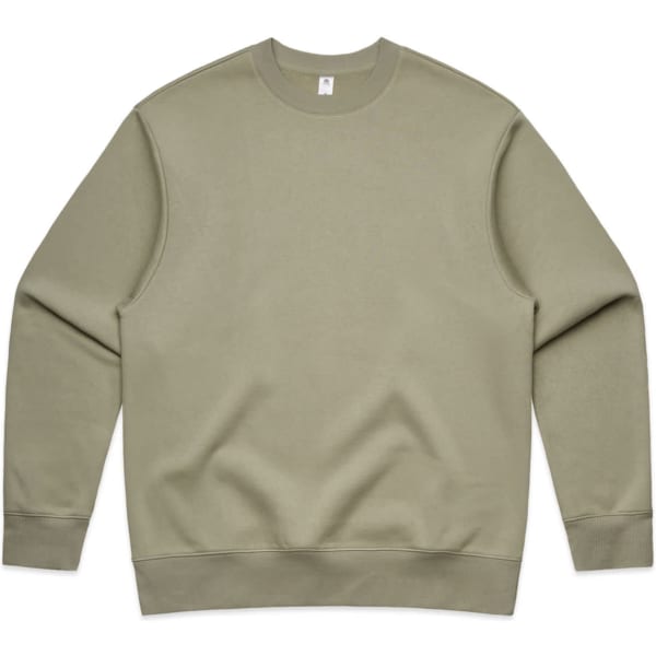 A heavy crew jumper in a muted green colour, featuring a simple design and no visible patterns. It has a logo.