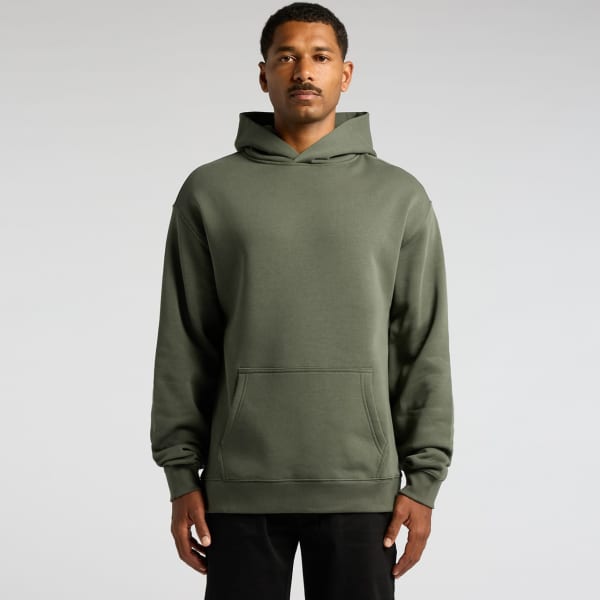 A green hoodie featuring a front pocket and a hood, worn by a model against a plain background.
