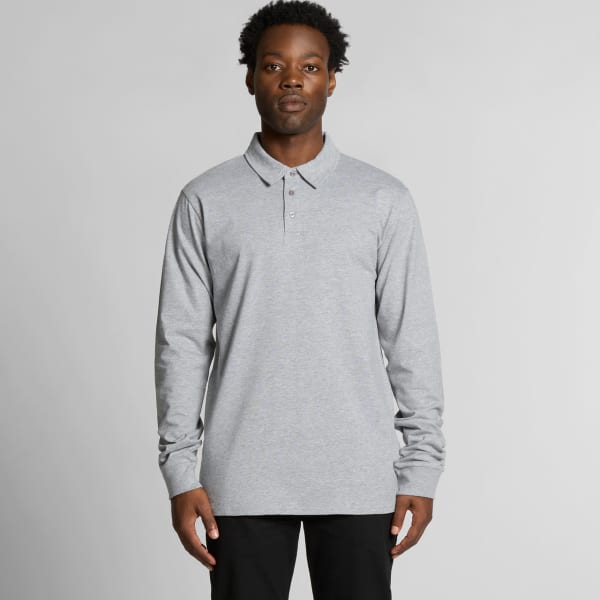 A long-sleeve polo shirt in grey, featuring a collar and a front placket with buttons, displayed on a model.