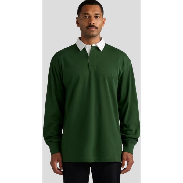 A long-sleeved rugby jersey in dark green with a white collar, featuring a subtle logo on the chest.