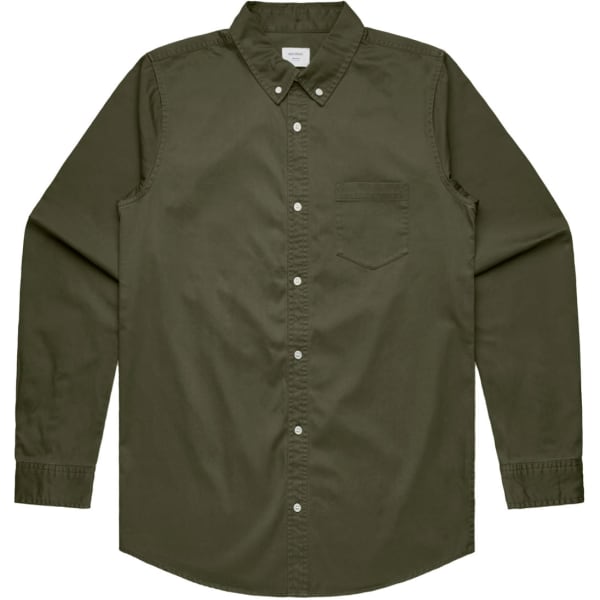 A button-up shirt in olive green with long sleeves and a chest pocket, featuring a logo.