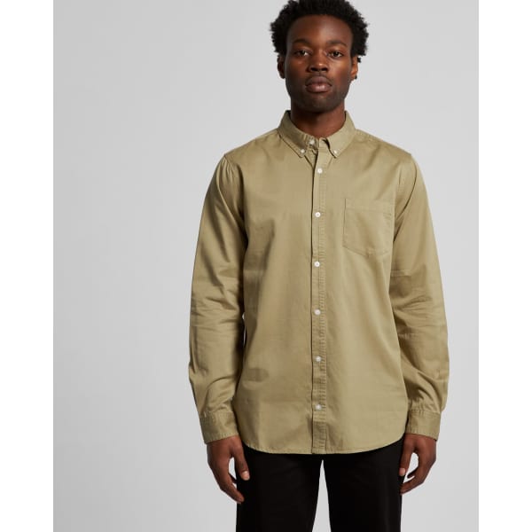 A button-up shirt in a khaki colour, featuring a single chest pocket and a collar, presented on a model.